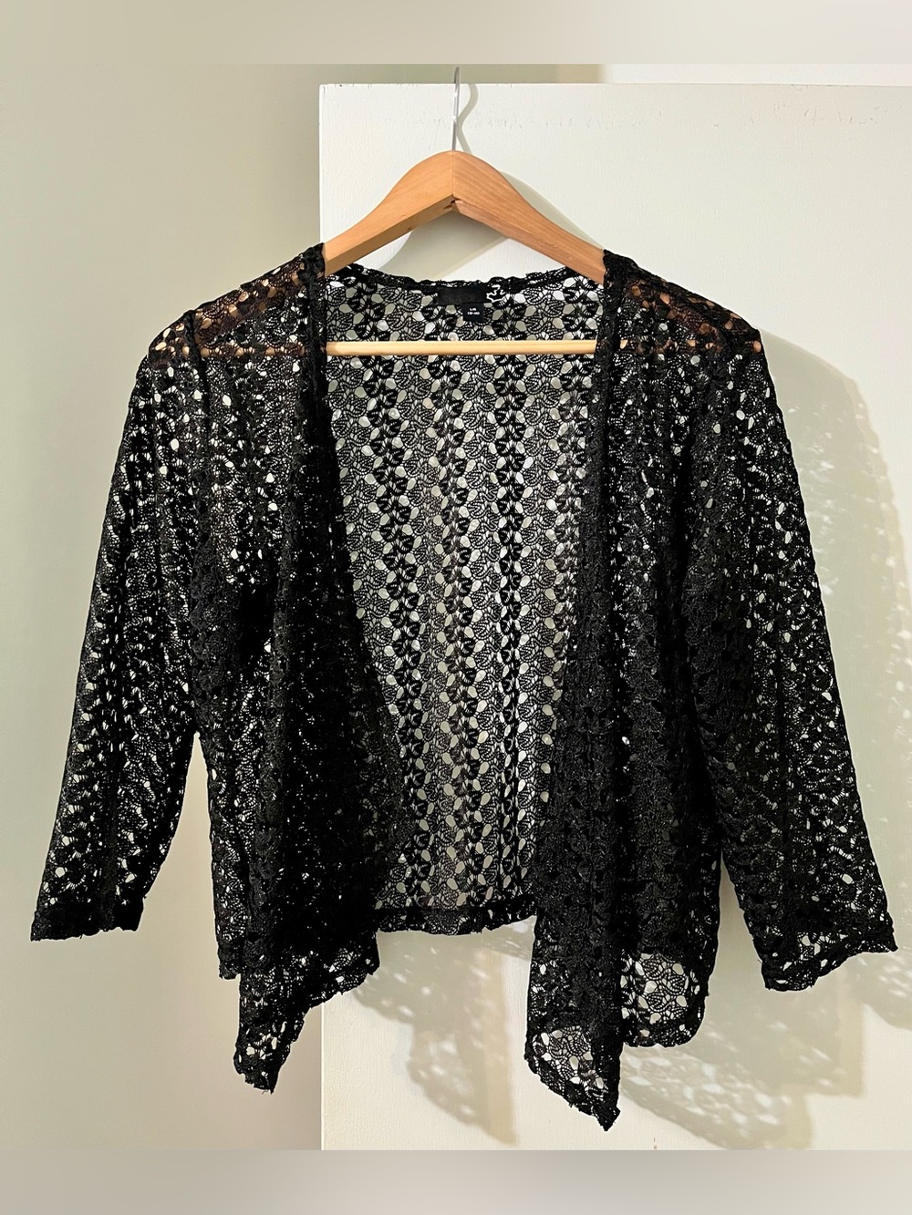 Sears Black Sheer Open-Knit Crochet Cardigan Shrug or Jacket dainty feminine